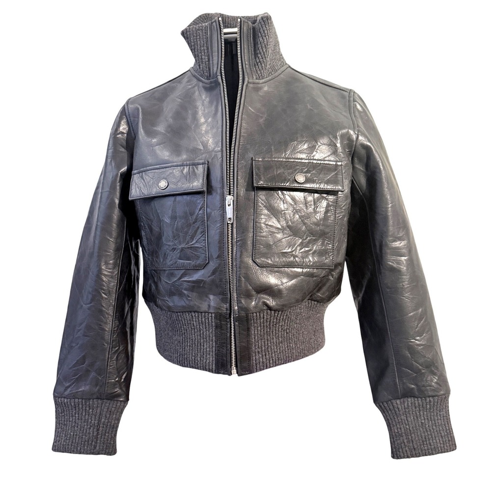 The Kooples Black Distressed Leather‎ Bomber Cropped Jacket Size FR 3 US 8 L - Picture 3 of 13